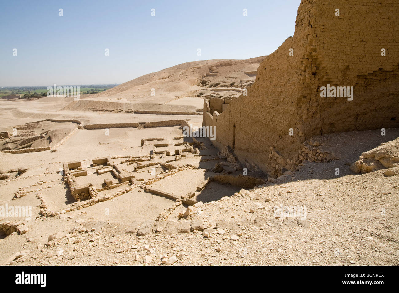 Walls of the Ptolemaic temple at Deir el-Medina, worker's village near Valley of The Kings, West Bank of Nile, Luxor, Egypt Stock Photo
