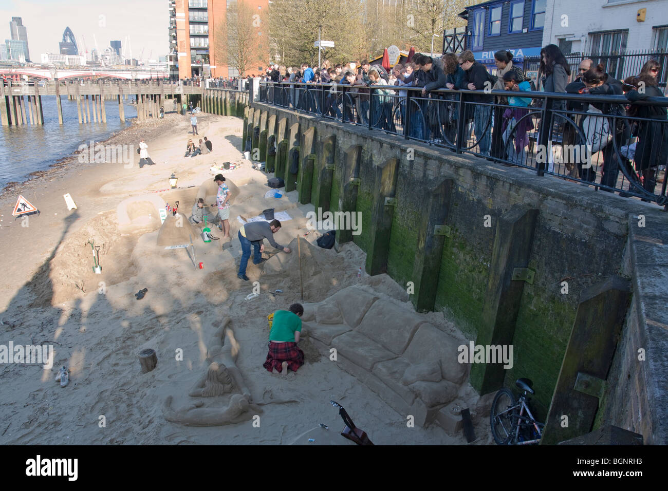 Artists creating Sandcastles South Bank London Stock Photo