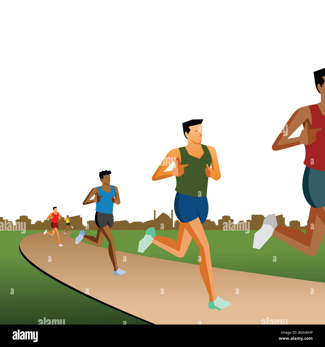 atheletes running on a track, race, white background Stock Photo