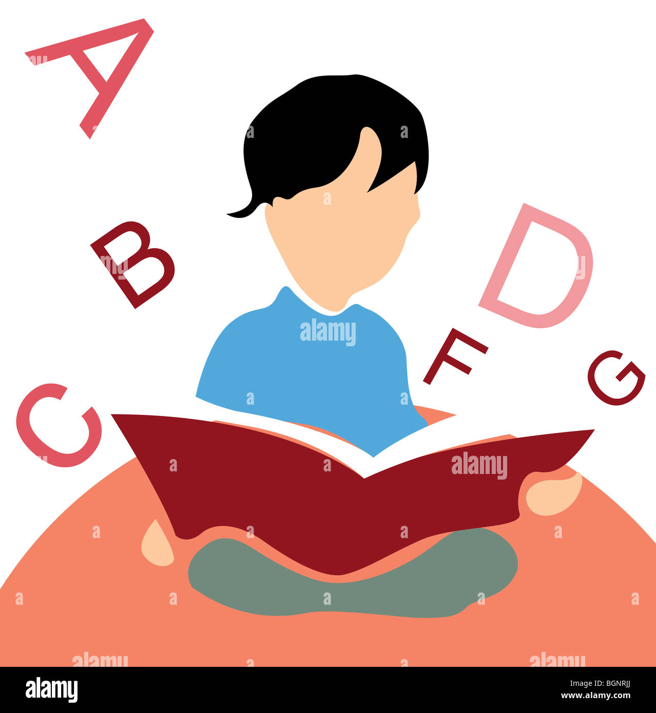 kid reading a book, white background with alphabets Stock Photo