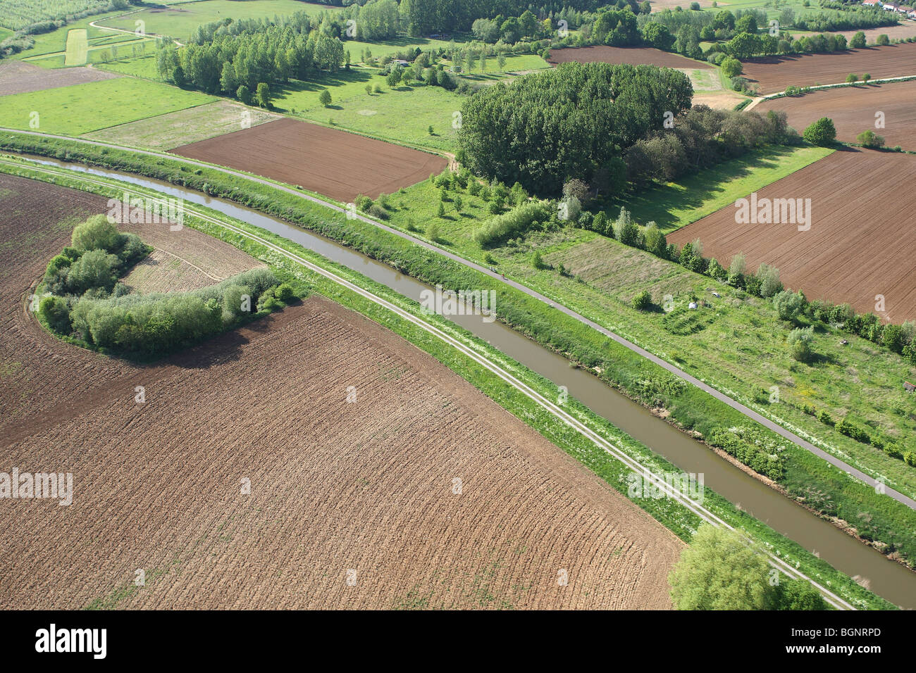 Old meander in fields, grasslands and forested area along river Demer, valley of Demer, Belgium Stock Photo