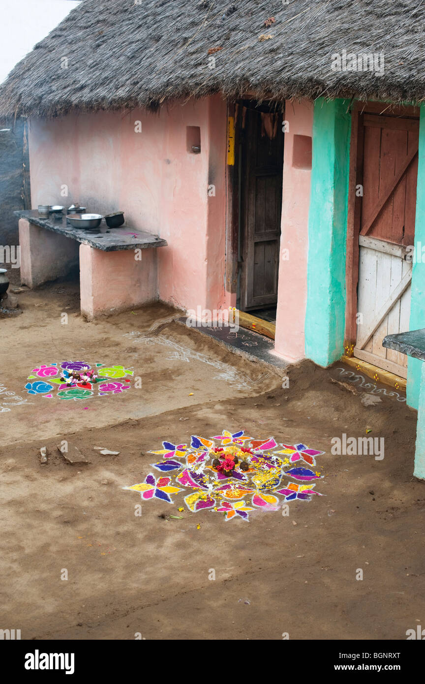 Rular Rangoli Rangoli festival designs outside a rural indian thatched house on the ...