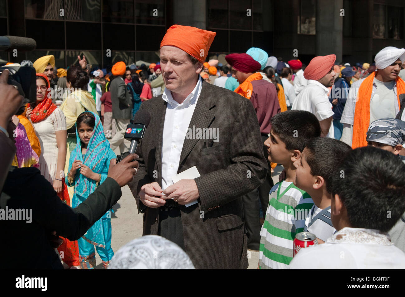 John Tory giving interview at the annual spring Vaisakhi parade in Toronto, celebrating the Sikh culture Stock Photo