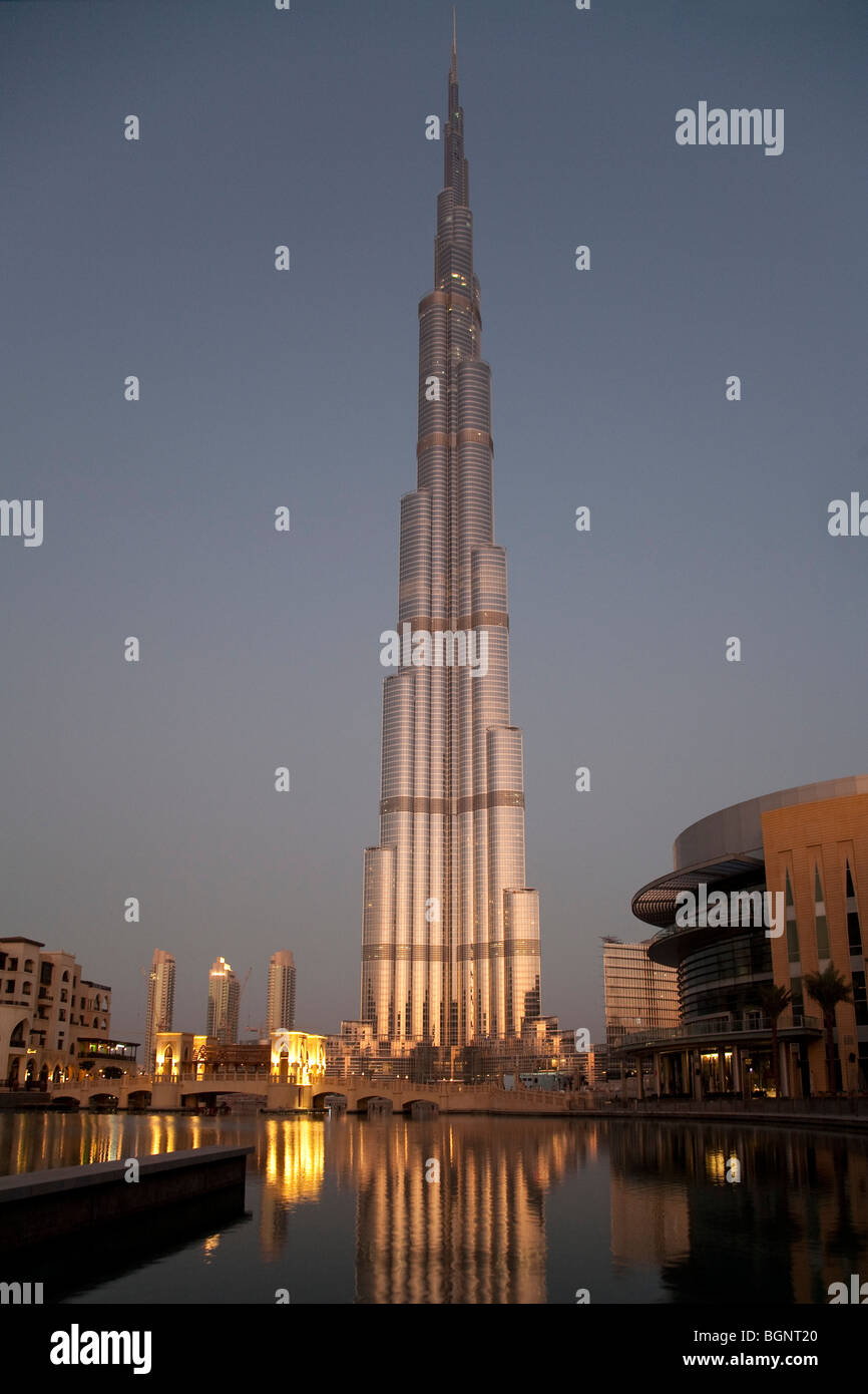 Sunrise reflected in the skin of the world's tallest building Stock Photo