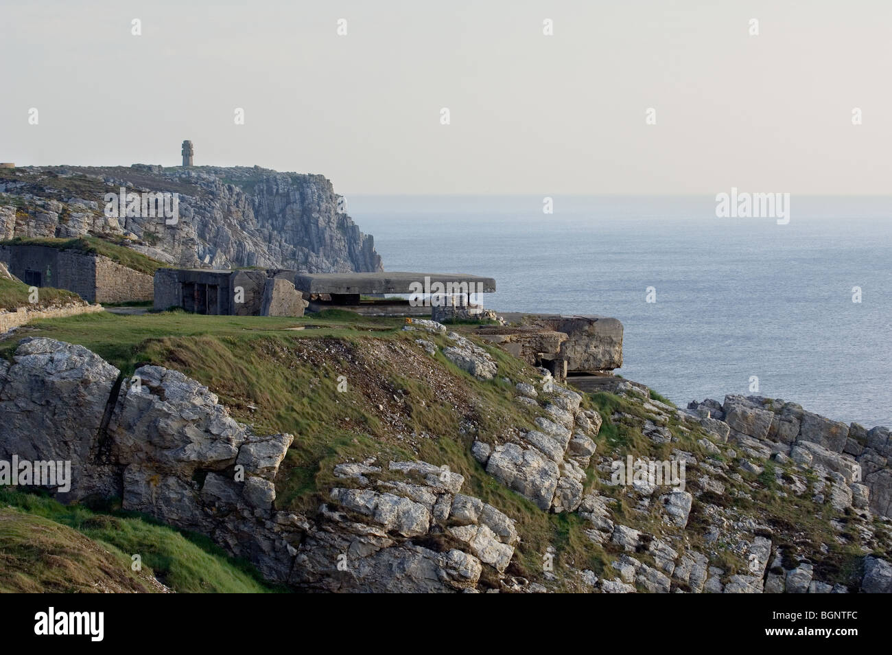German bunkers, part of the Atlantikwall / Atlantic Wall, and the Croix de Lorraine at Pen Hir, Brittany, France Stock Photo