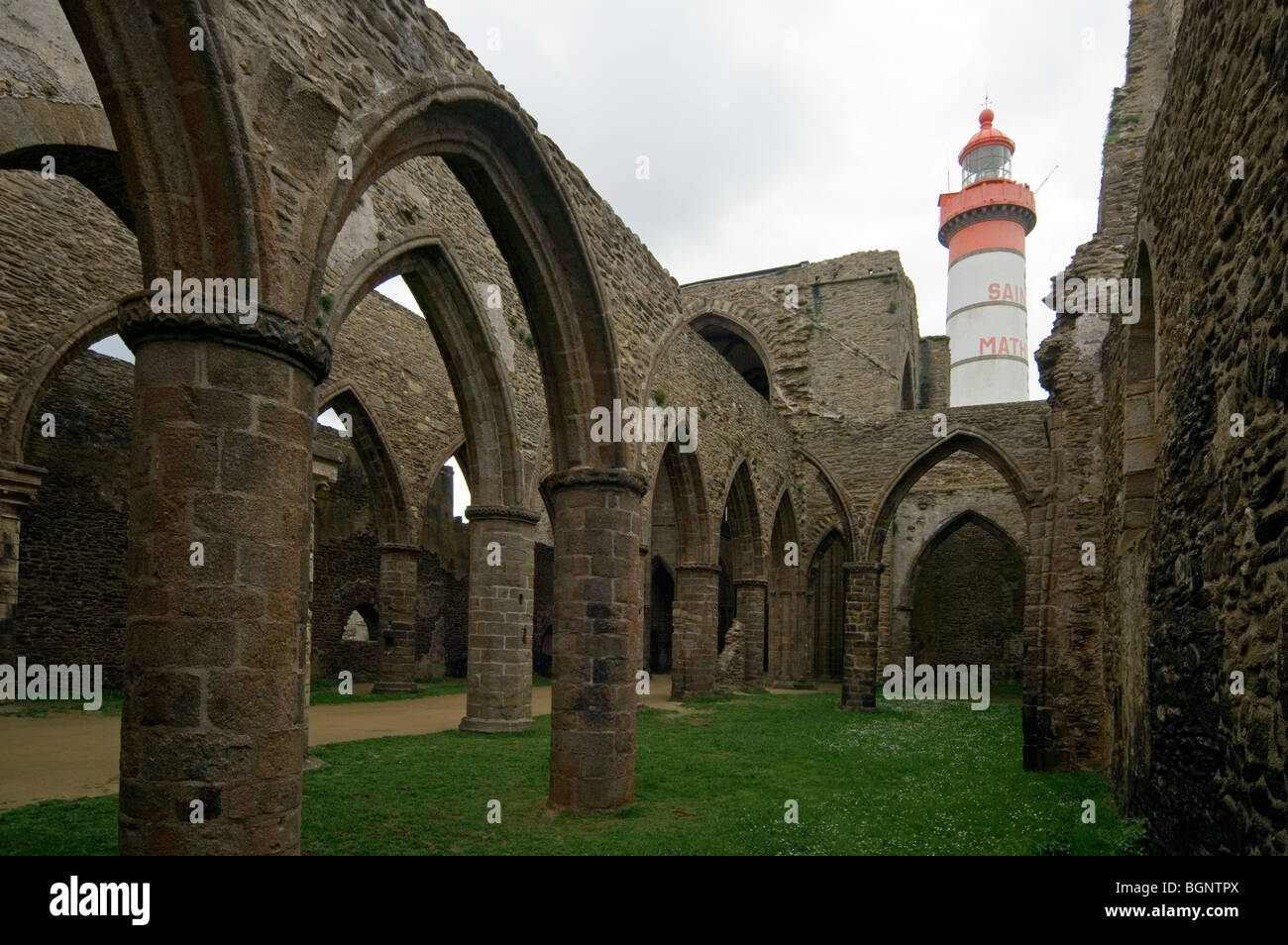 The Pointe Saint-Mathieu with its lighthouse and abbey ruins, Finistère ...