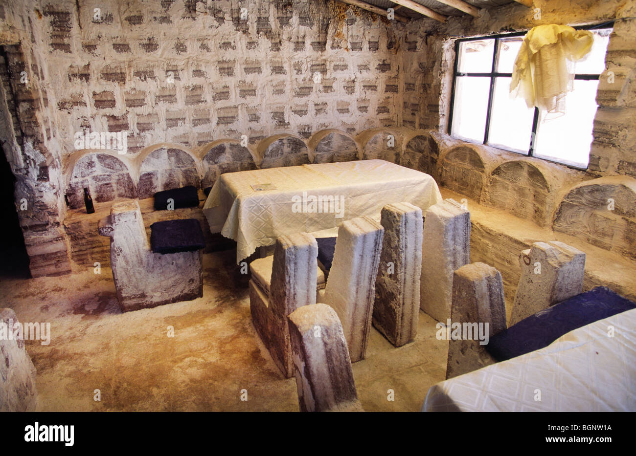 Interior of Salt Hotel where furniture's are made of Salt blocks. Salar de Uyuni, Bolivia. Stock Photo