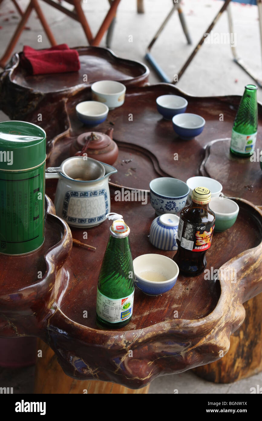 traditional wood tea table Stock Photo