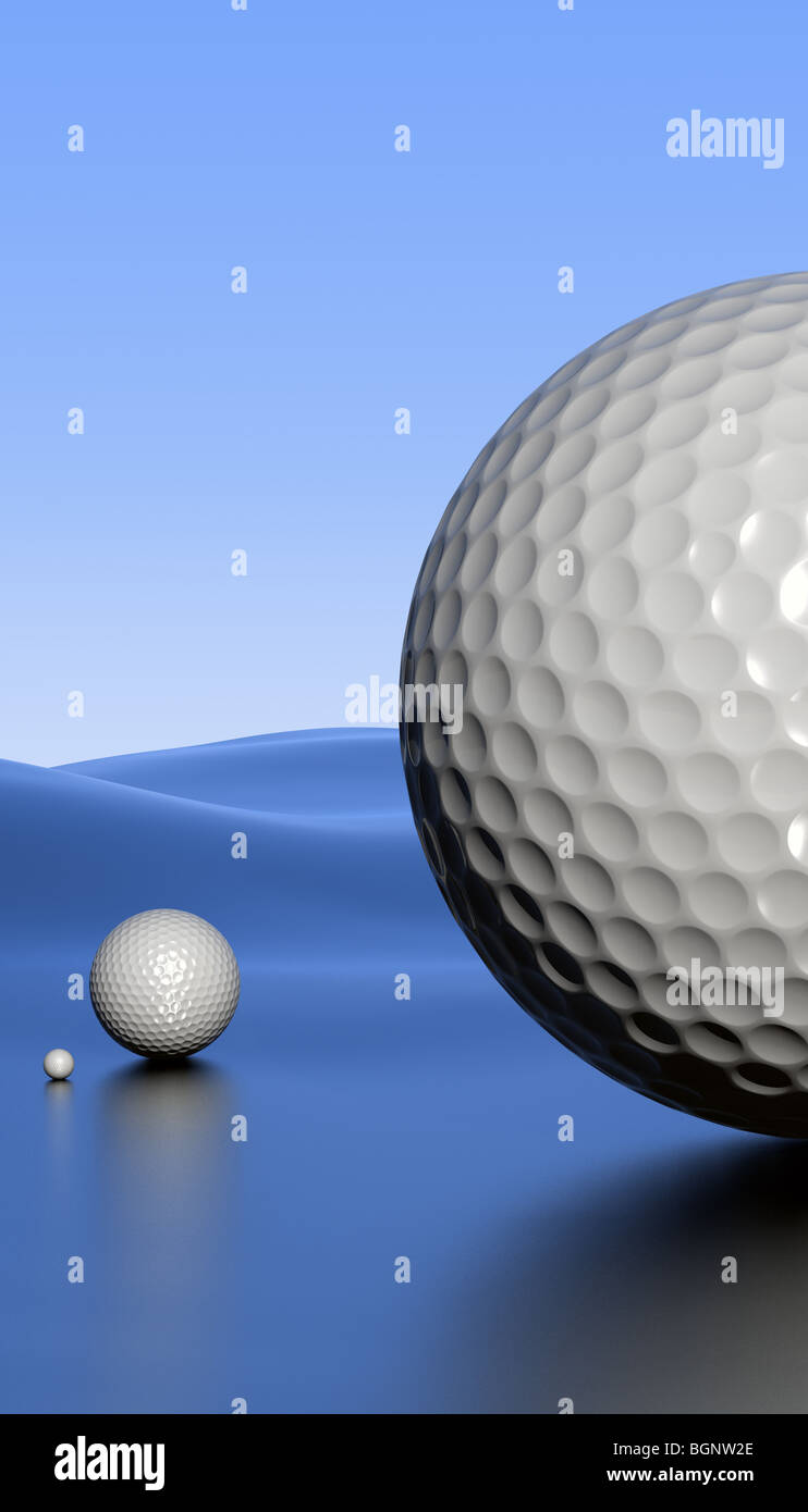 Hi-res 3D render of a surreal landscape with three different sized golf balls. Stock Photo