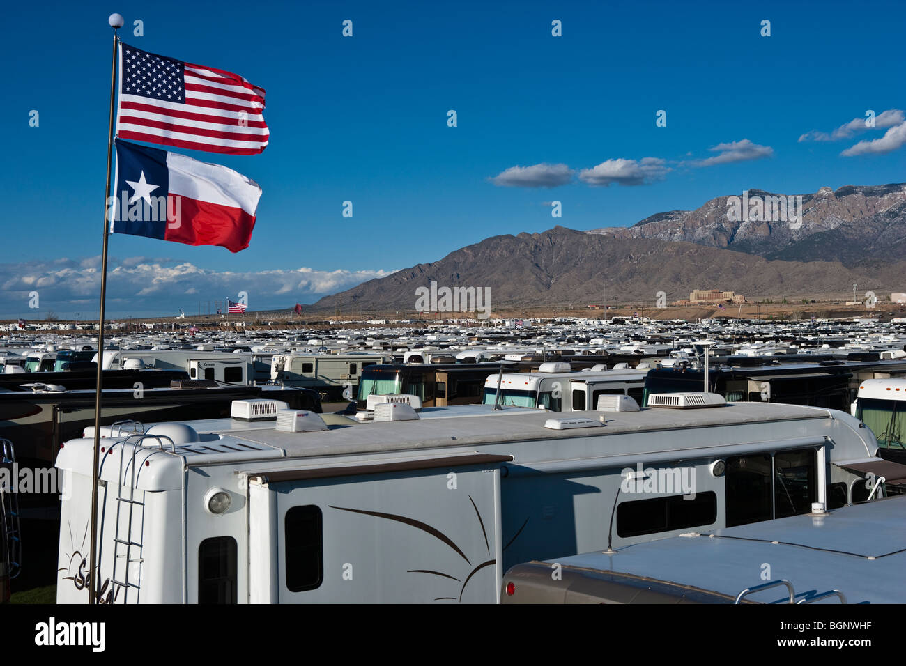 Large gathering of 2300 RV rigs at 'The Rally'. Albuquerque, New Mexico, USA. Stock Photo