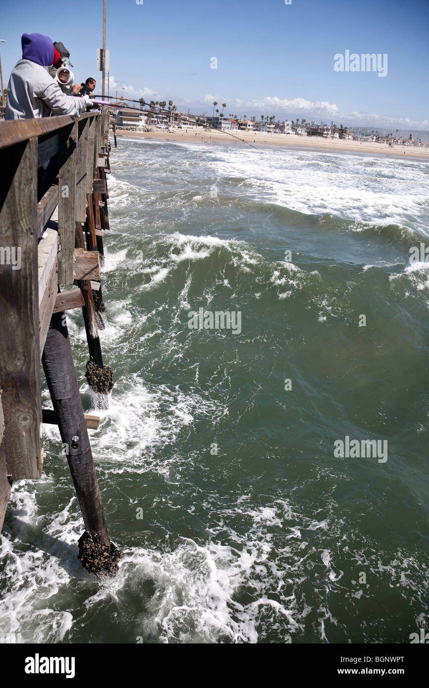 Angling on Newport Pier, Newport Beach, Southern California, USA Stock Photo