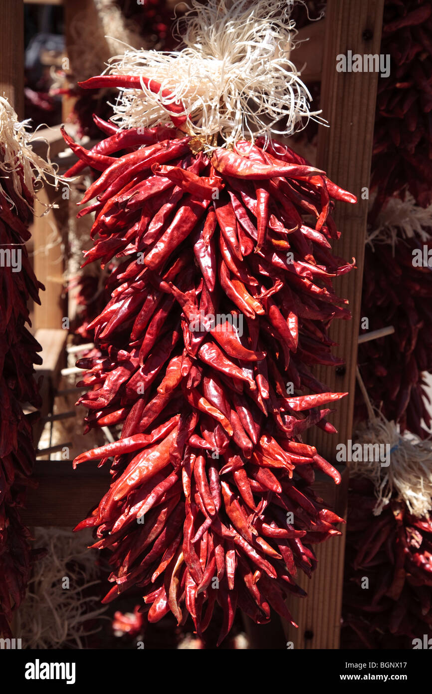 Dried red chilli peppers on sale in Santa Fe, New Mexico, USA Stock Photo