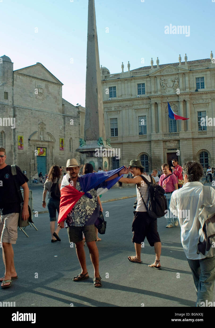 Arles, France, French Celebrating Soccer Championship in Center City, Man wearing French Flag on Street Stock Photo