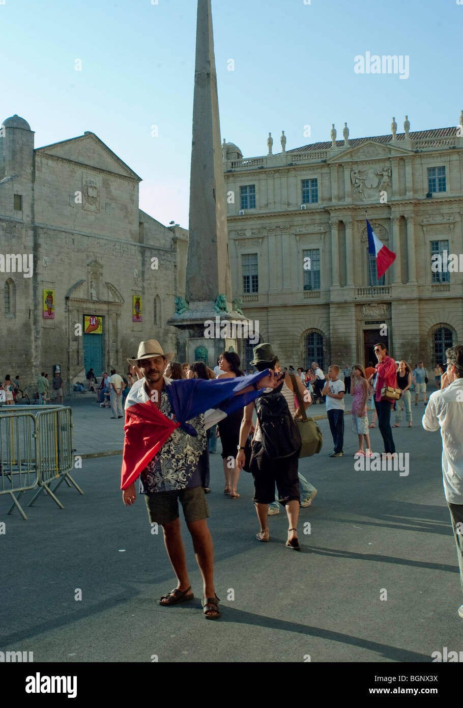 Arles, France, French Celebrating Soccer Championship in Center City, Man wearing French Flag on Street Stock Photo