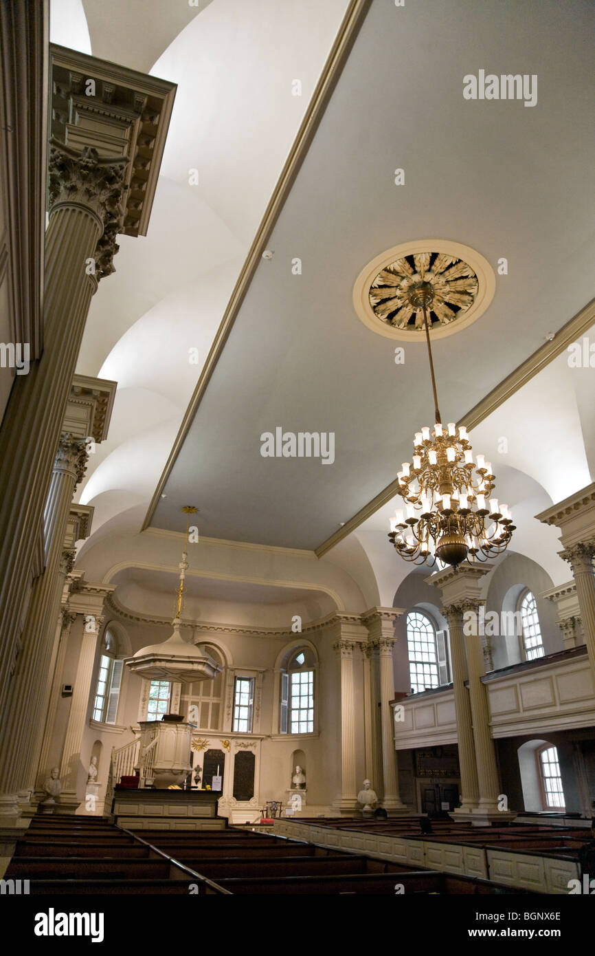 Interior of the KINGS CHAPEL is the first Anglican Church in New England founded in 1686 - BOSTON, MASSACHUSETTS Stock Photo