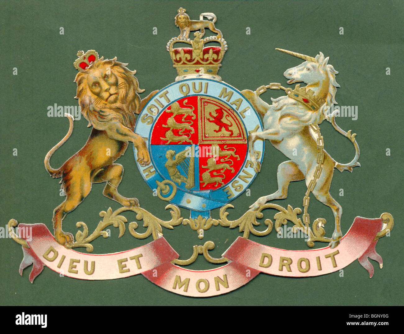Chromolithographed die cut scrap of Royal Coat of Arms Stock Photo