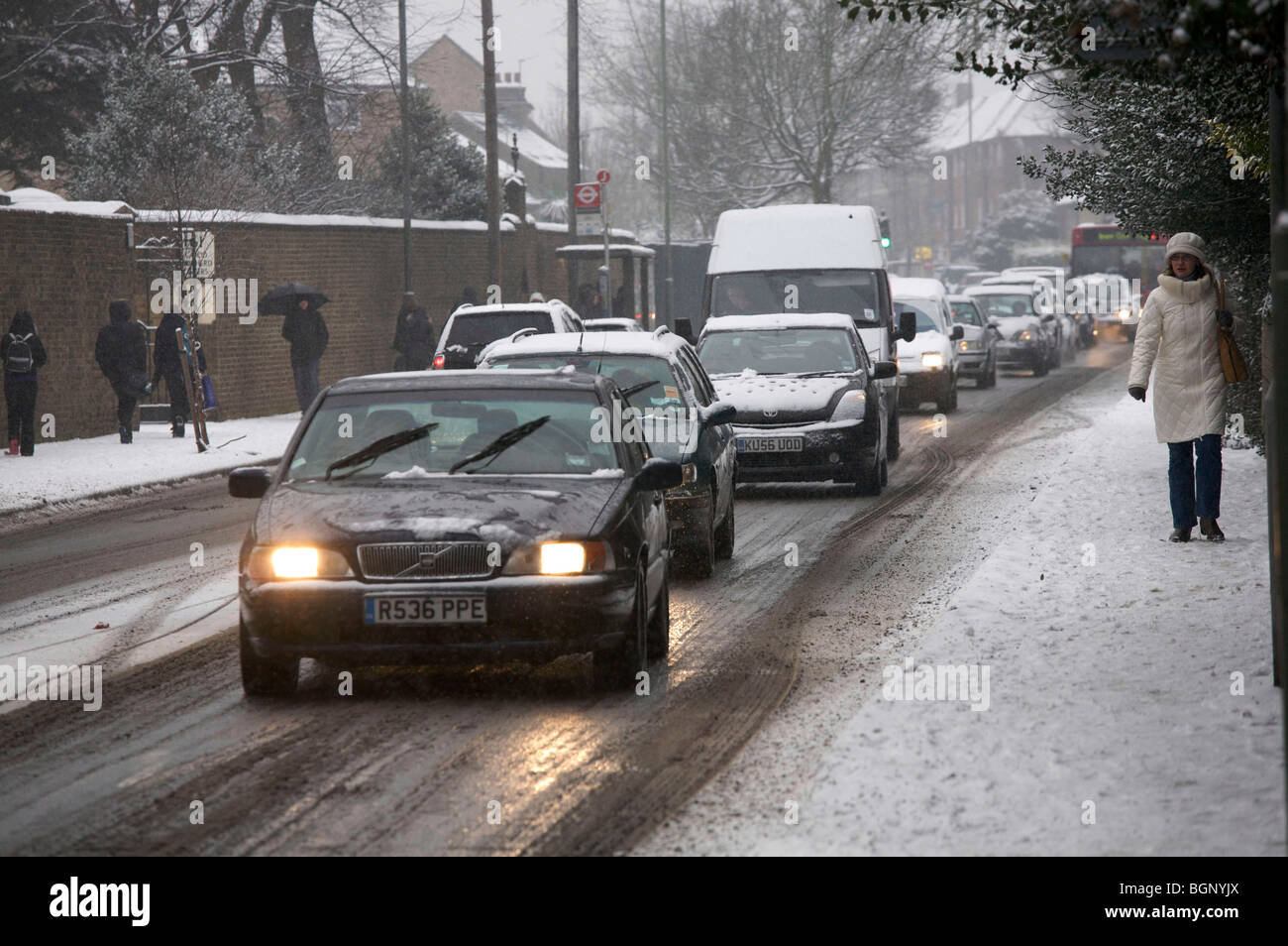 Fresh snow causing traffic chaos at rush hour , london,uk Stock Photo