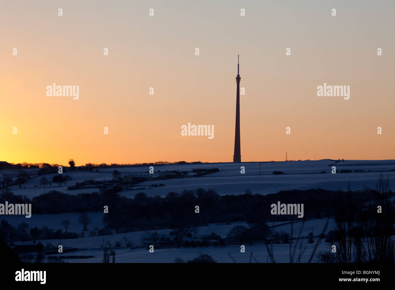 Emley Moor transmission mast at daybreak in Northern England Stock Photo