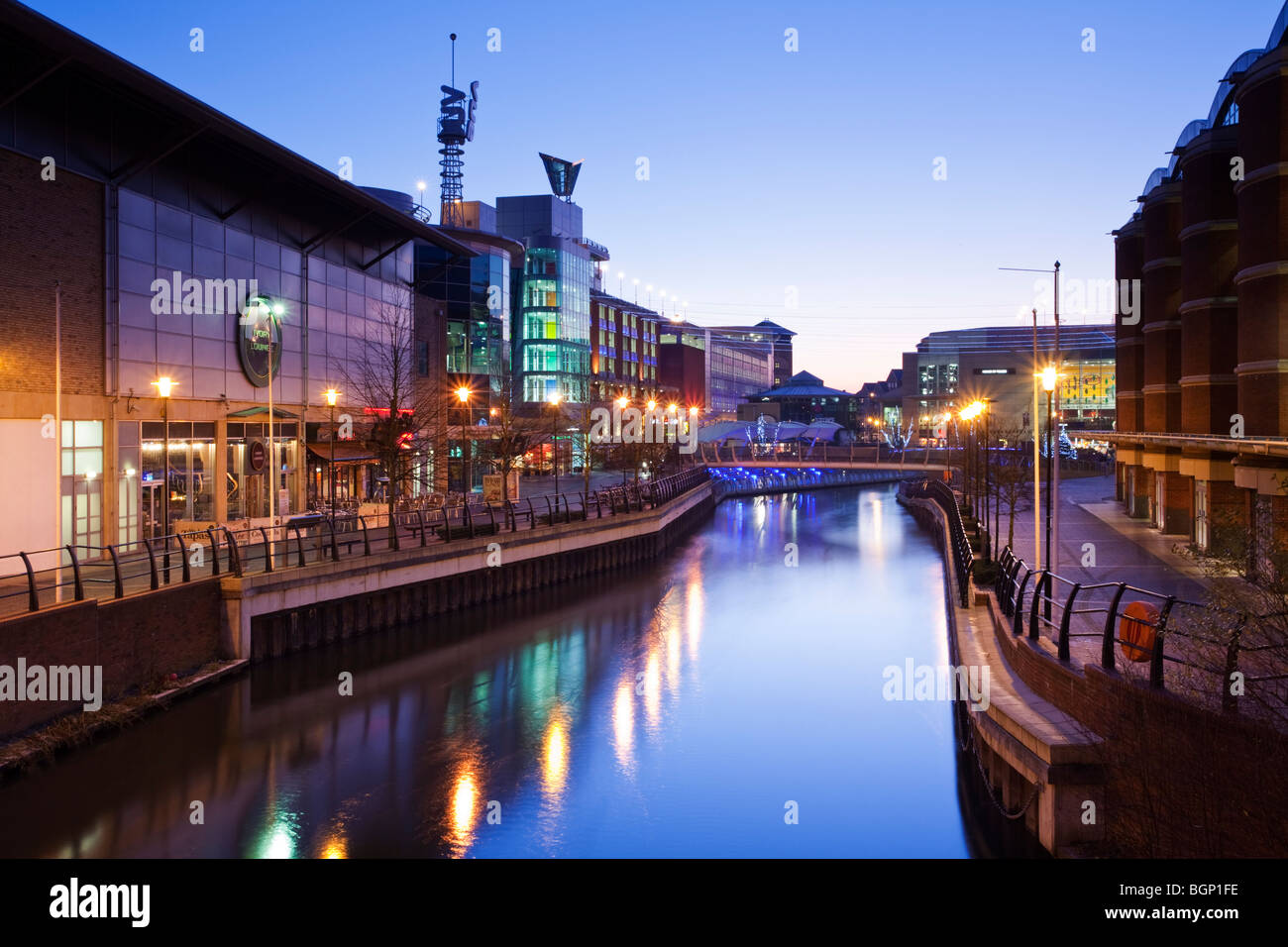 Riverside on the Oracle shopping centre in Reading at Dusk, Berkshire, Uk Stock Photo