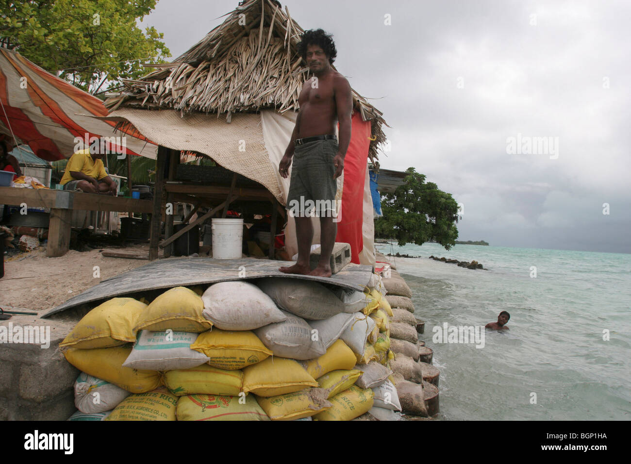 Protection against rising sea levels on Kiribati atoll. Stock Photo