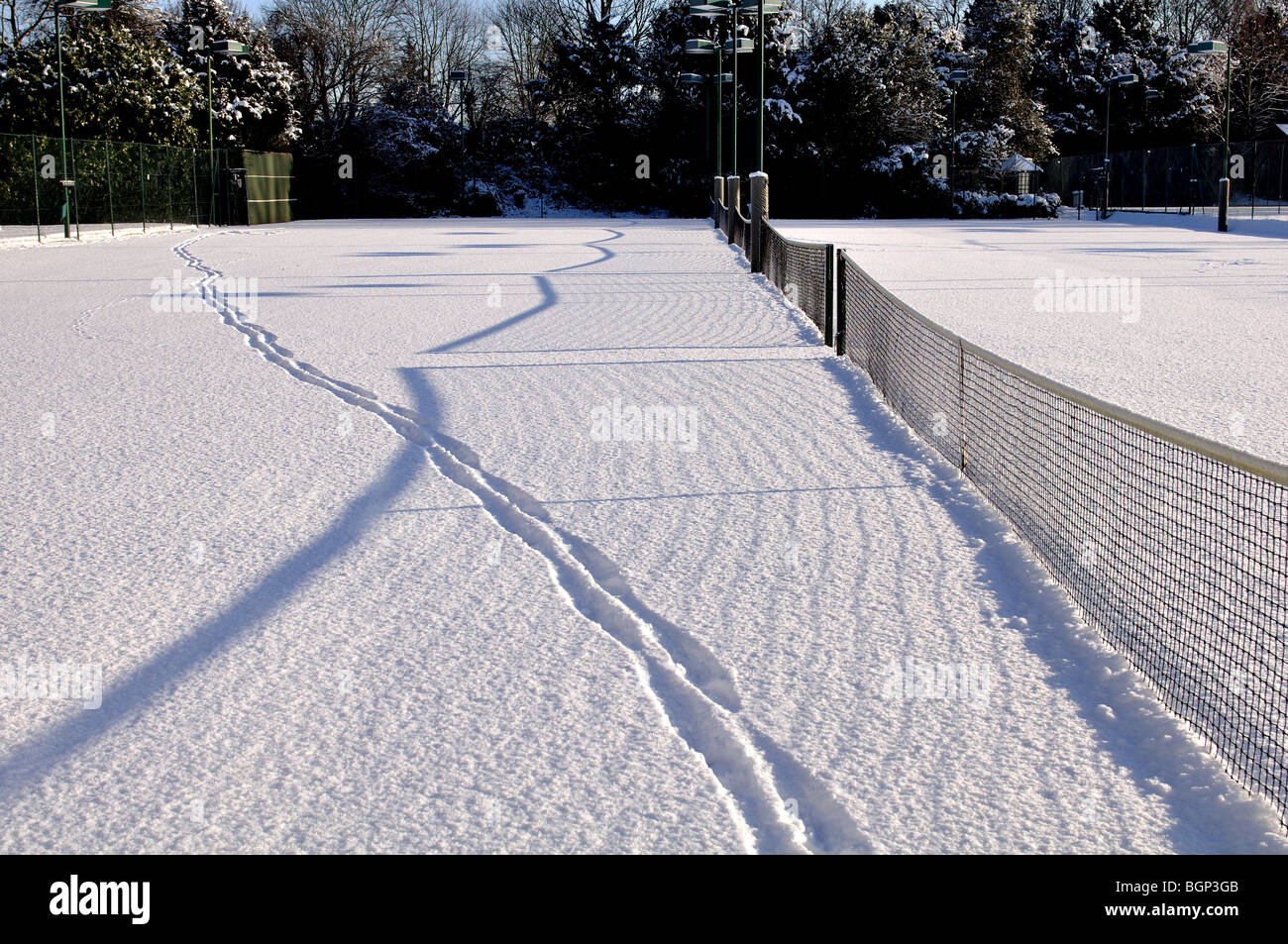 Tennis courts covered in snow, Warwick, UK Stock Photo