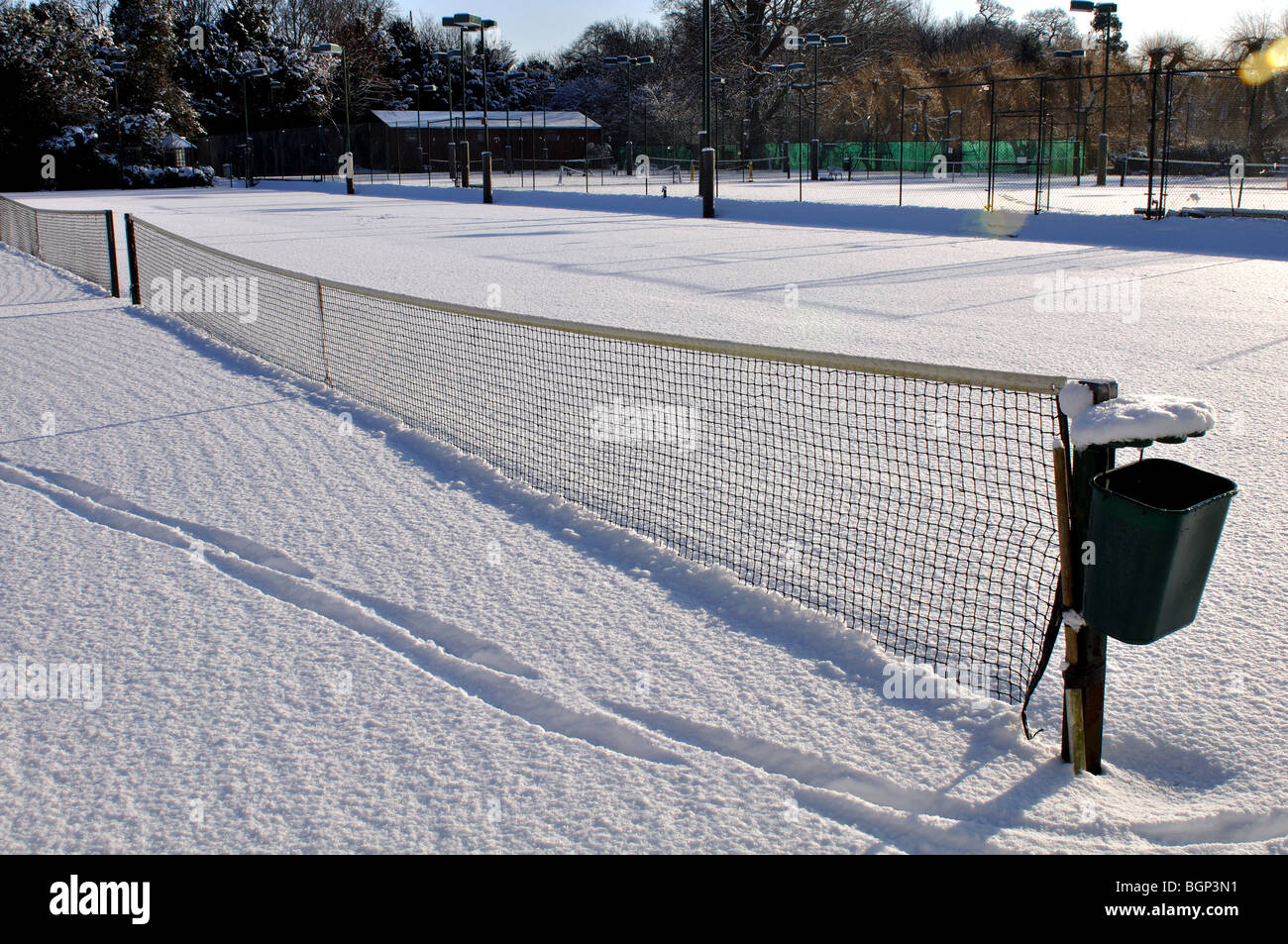 Tennis courts covered in snow, Warwick, UK Stock Photo