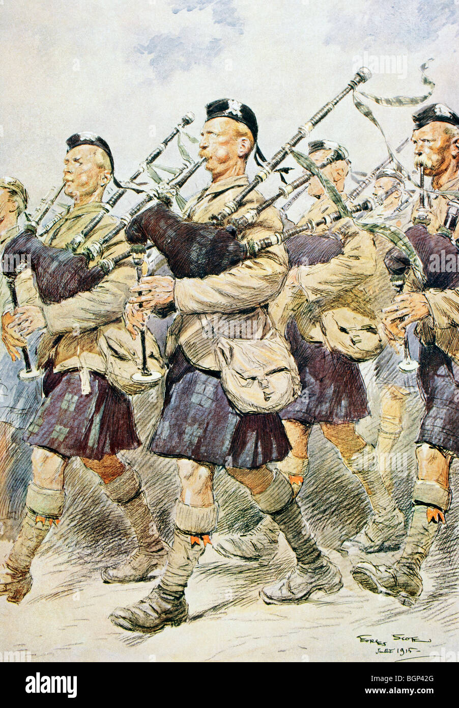The pipers of the Sutherland Highlanders marching during the First World War. Stock Photo