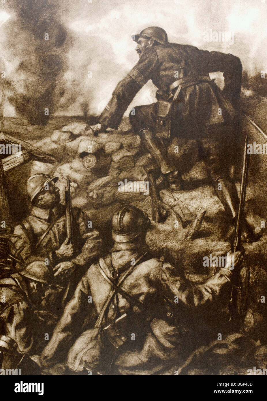 A staff lieutenant carrying orders climbs out of a trench to make a dash for his headquarters. Stock Photo
