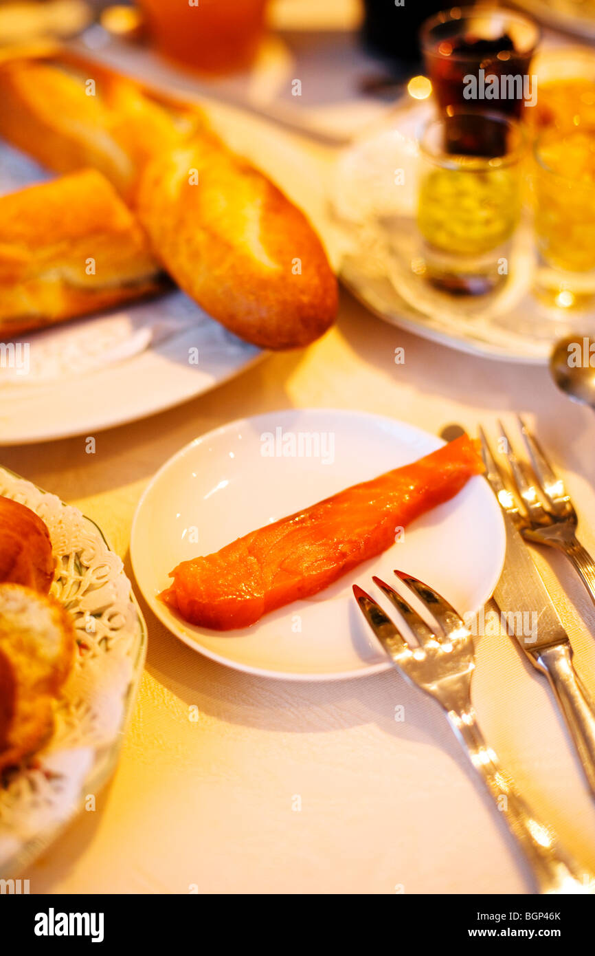 Home smoked salmon luxury breakfast, Flagey-Echézeaux, France, Europe Stock Photo
