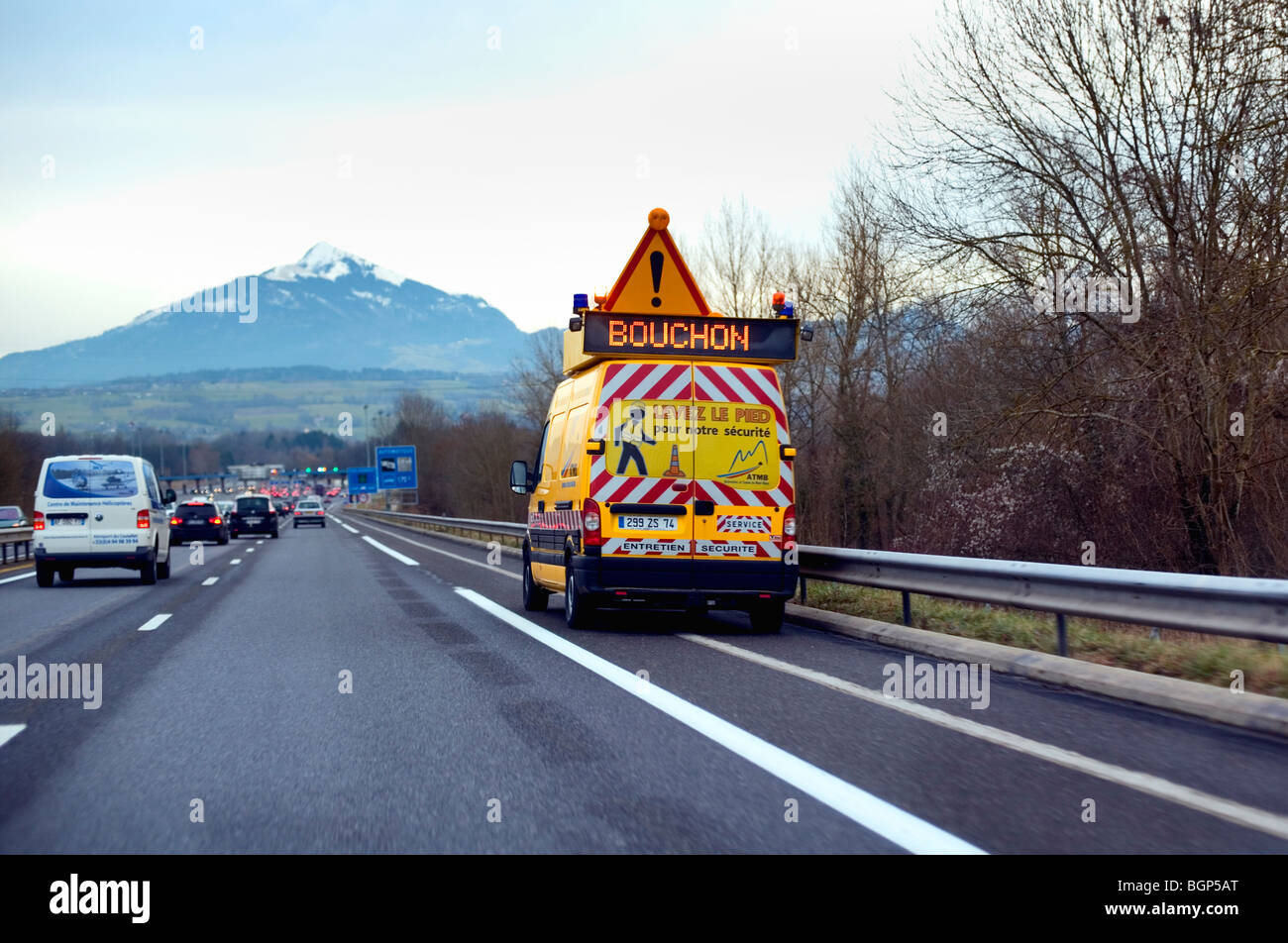 'Bouchon' warning approaching Toll Booth, France, Europe Stock Photo