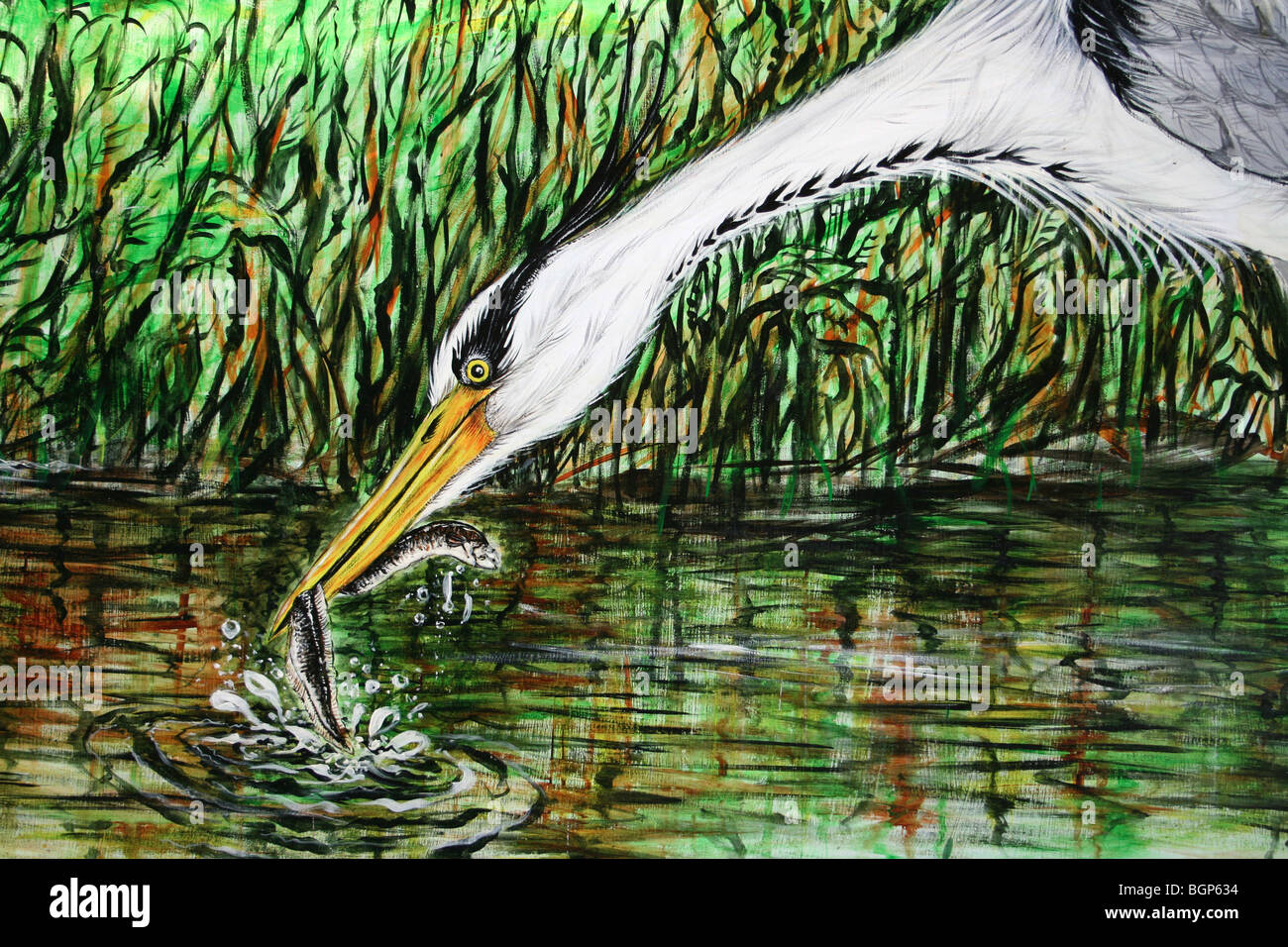 Painting Of a Riverside Scene Showing A Grey Heron Catching A Fish at Martin Mere WWT, Lancashire, UK Stock Photo