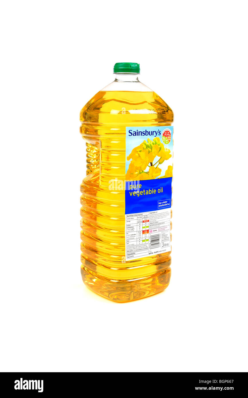 Sainsbury's Pure Vegetable Oil in a plastic bottle against a white
