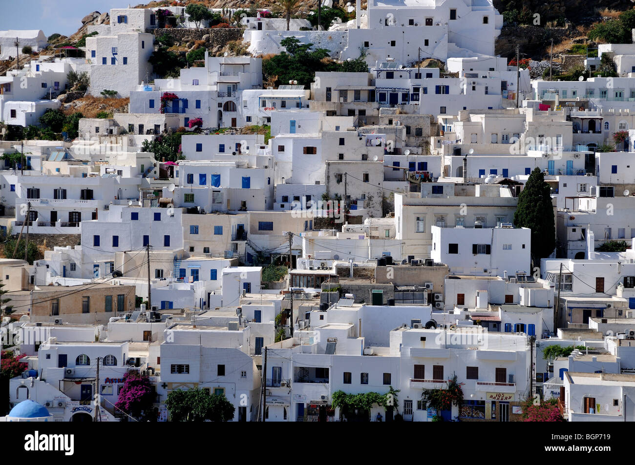 Chora (main town) under late afternoon light, Ios island, Greece Stock Photo