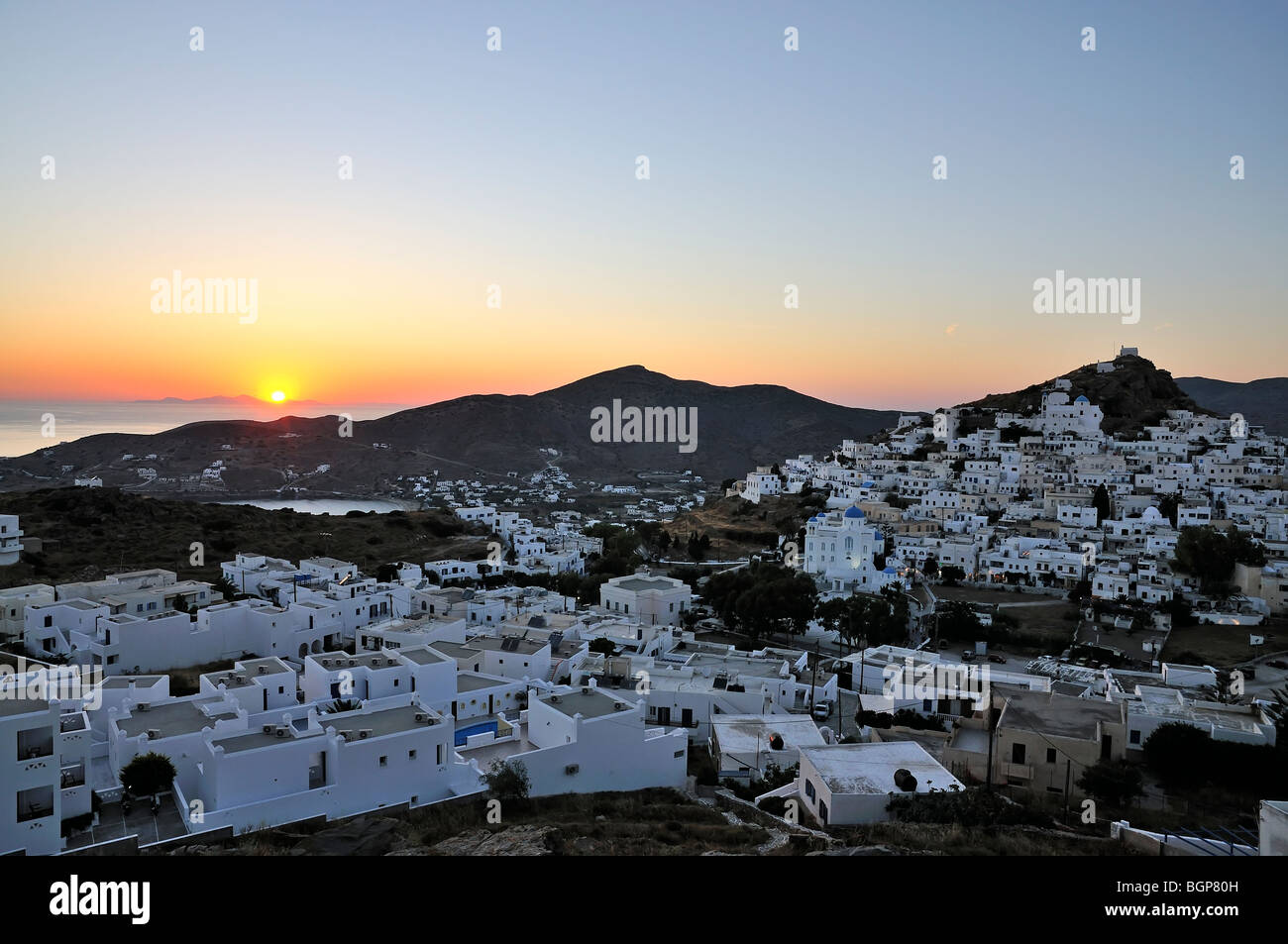 Panoramic view of sunset behind Sikinos island, photographed from Saint ...