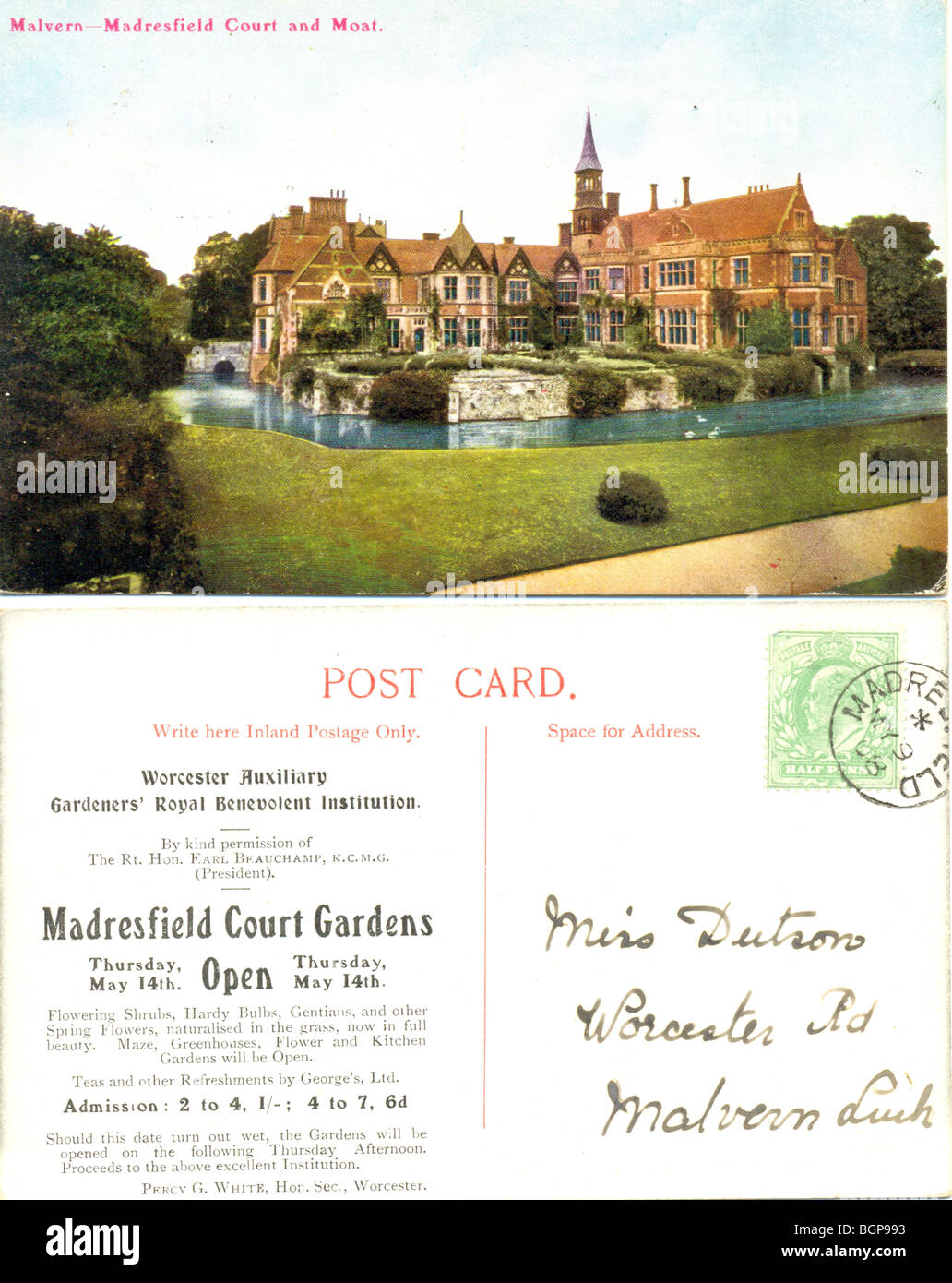 Picture postcard of Madresfield Court and Moat, Malvern. Stock Photo