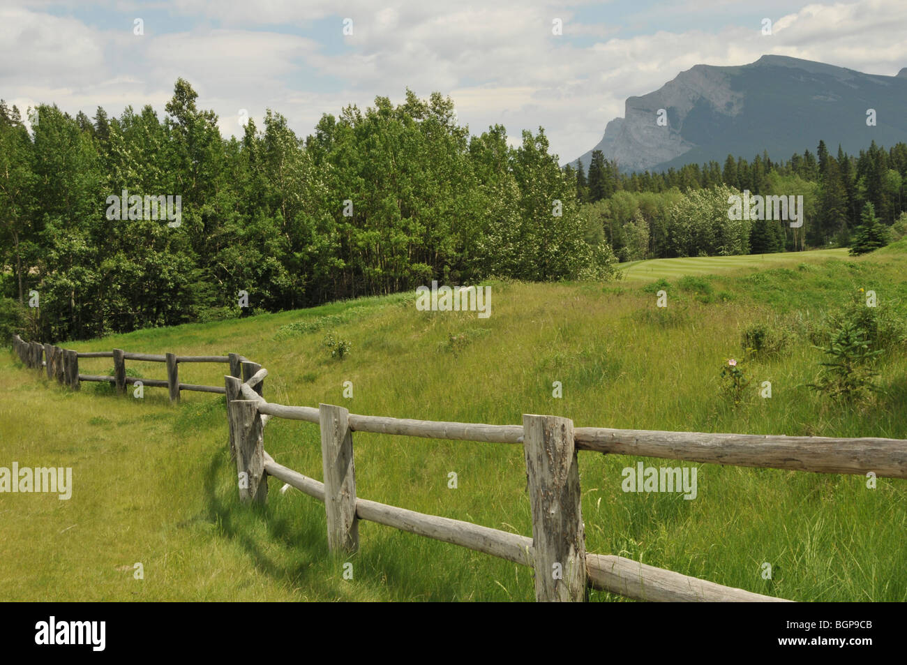 Rural fence, Canmore, Alberta, Canada Stock Photo