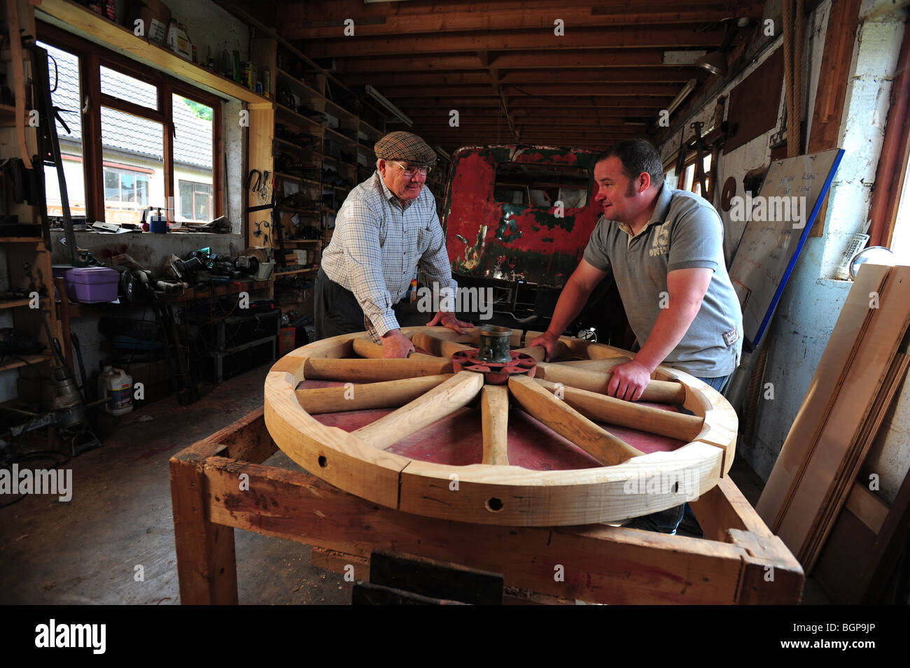 wheelwrights at Mike Rowlands Wheelwrights in Colyton, Devon. Stock Photo