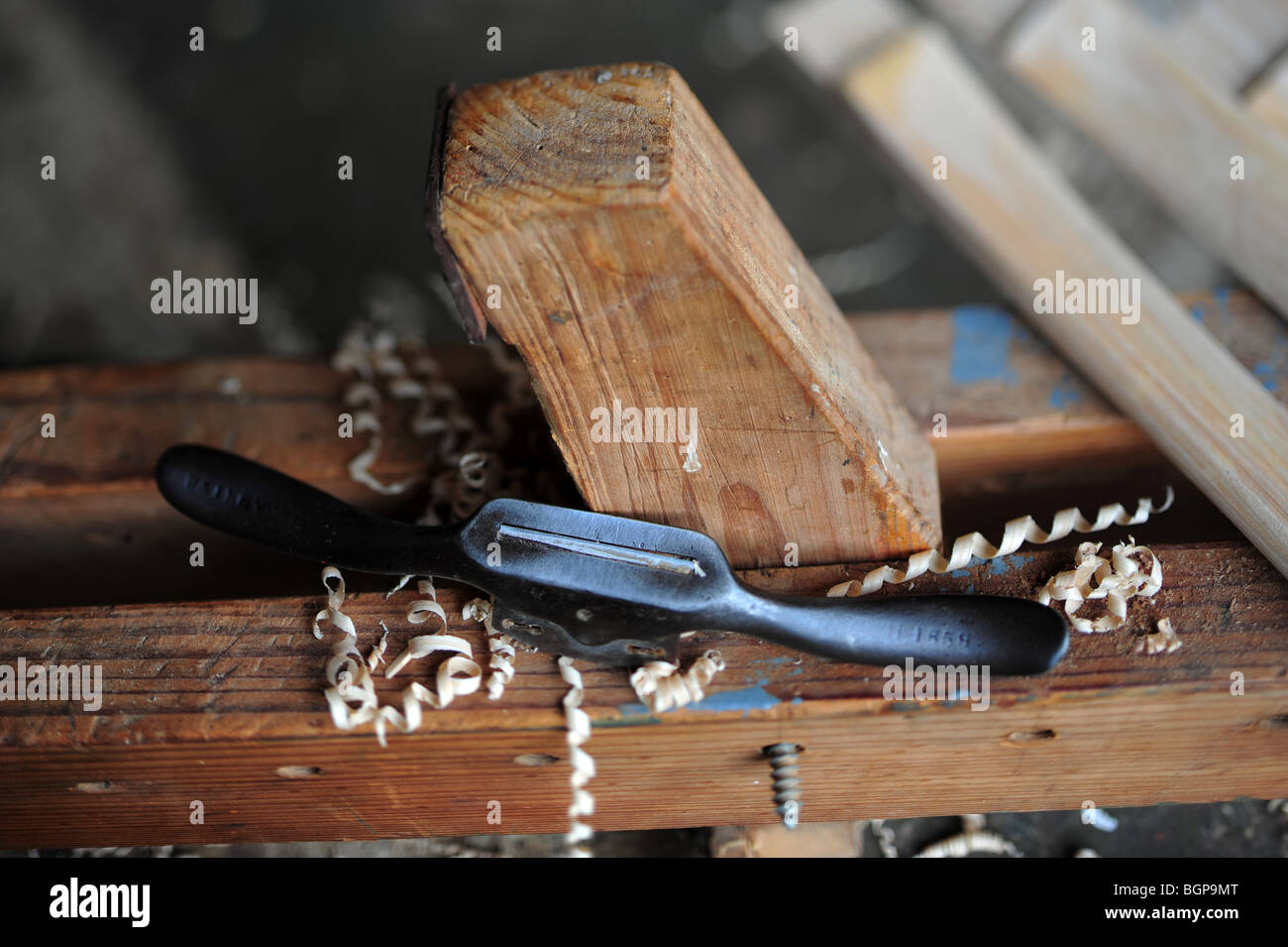 a spoke shave pictured inside a wheelwrights workshop, in Colyton, Devon. Stock Photo