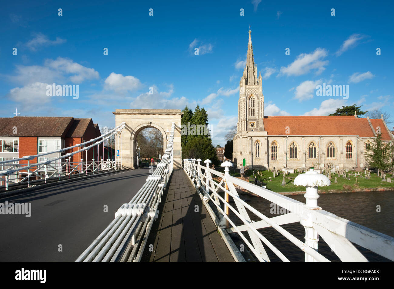 All Saints church and spire from Marlow road bridge, Buckinghamshire, Uk Stock Photo