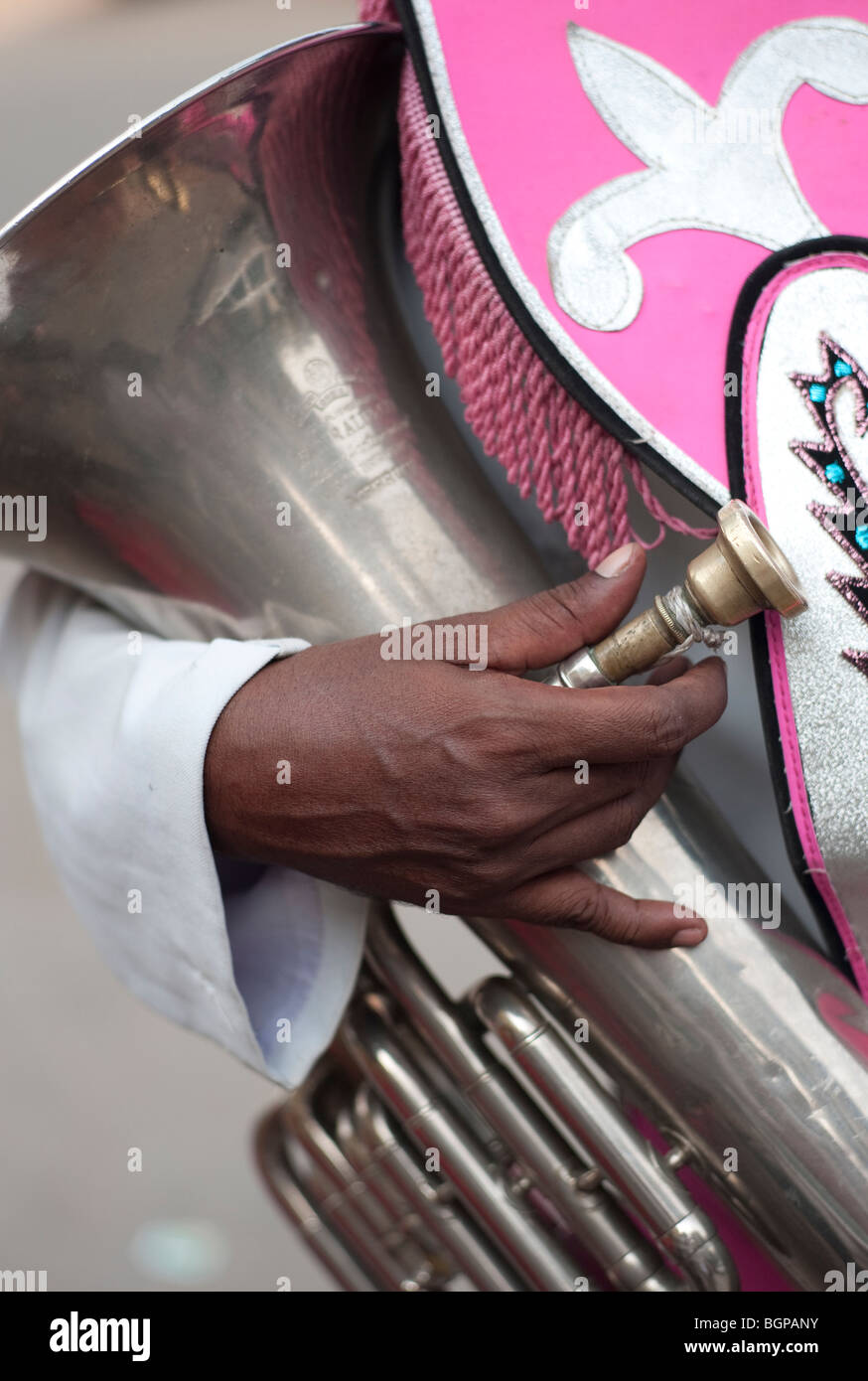 Detail of a trombone band member for a wedding party, Delhi, India Stock Photo