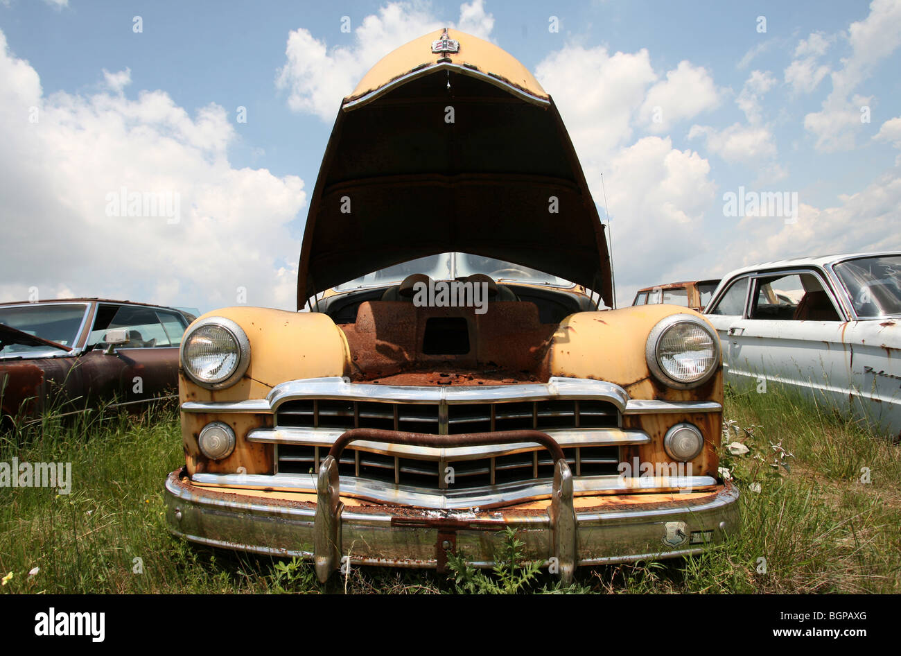 1940's rusty Dodge with bonnet up in an American junk yard Stock Photo