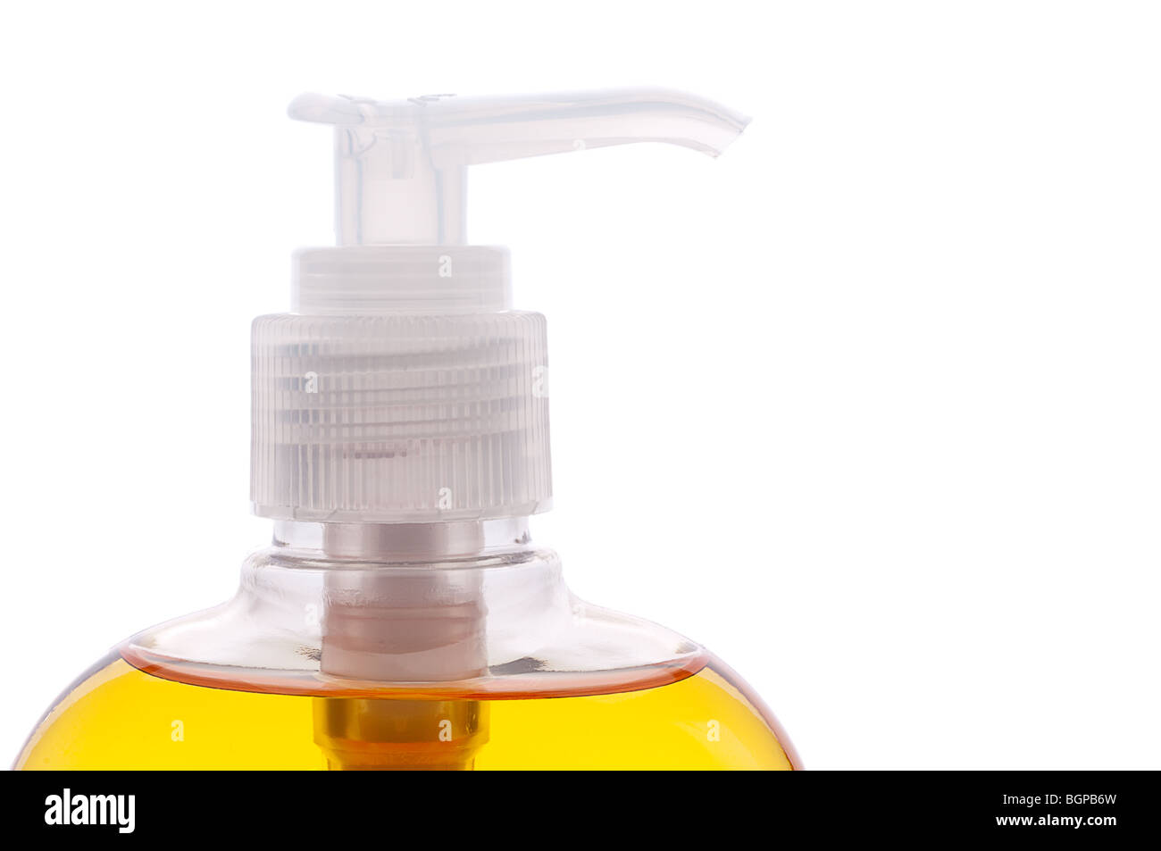 Horizontal close up of a soap dispenser top on white Stock Photo