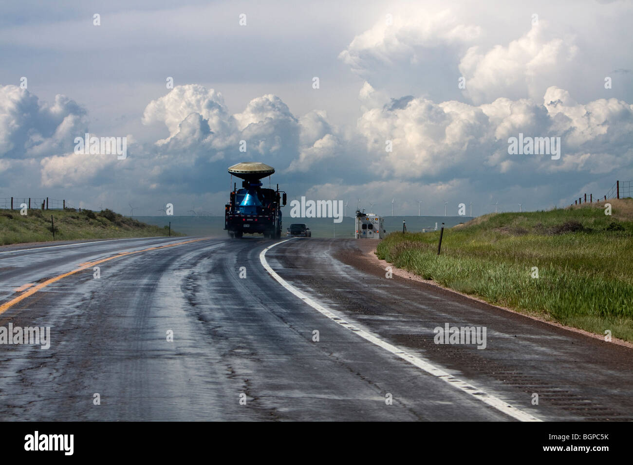 A Doppler on Wheels radar truck drives toward a storm in southern