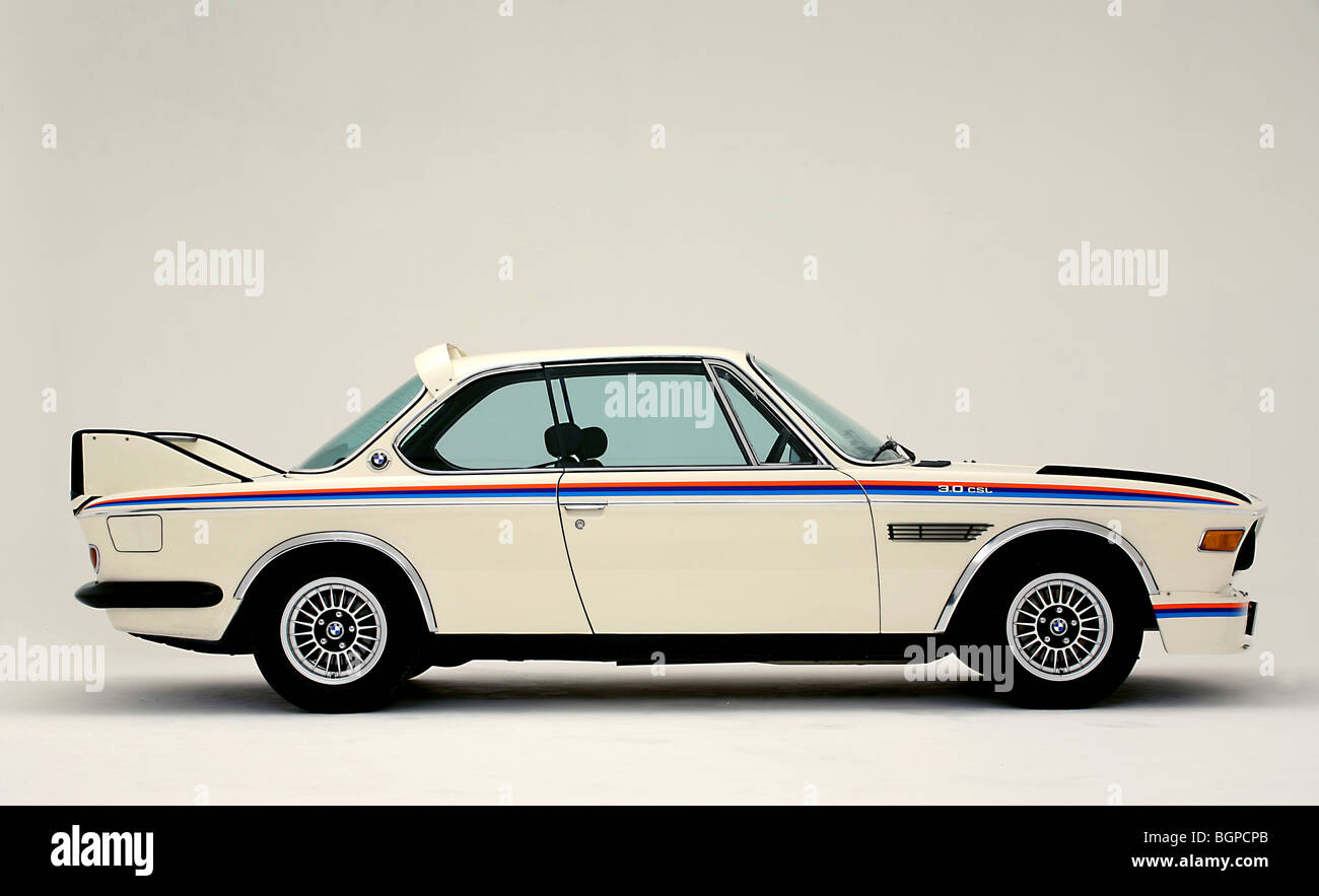 A classic BMW 3.0L CSL Batmobile in profile on a white studio background Stock Photo