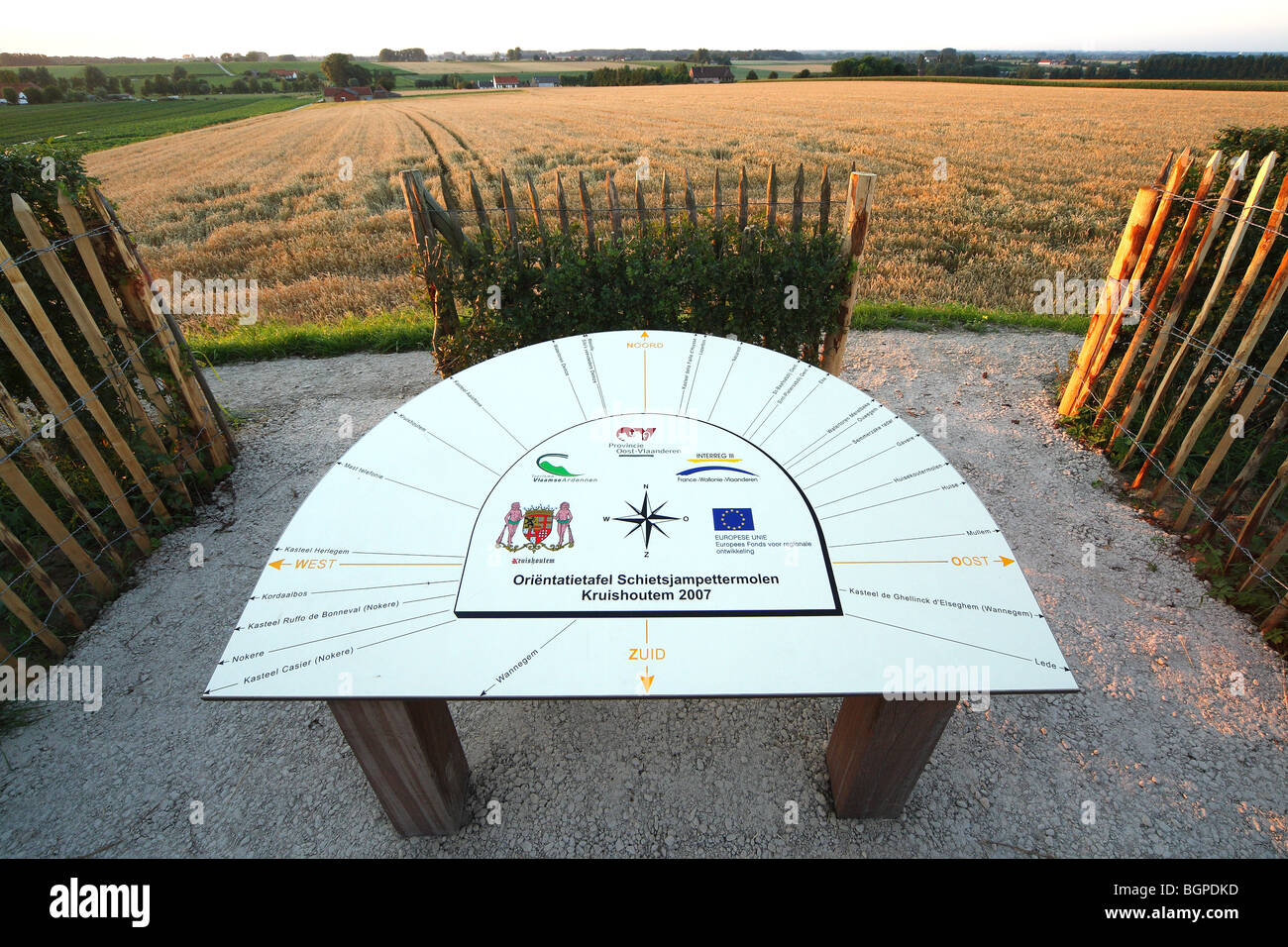 Info panel at mill of Schietsjampetter on the fields of Wannegem-Lede, Belgium Stock Photo