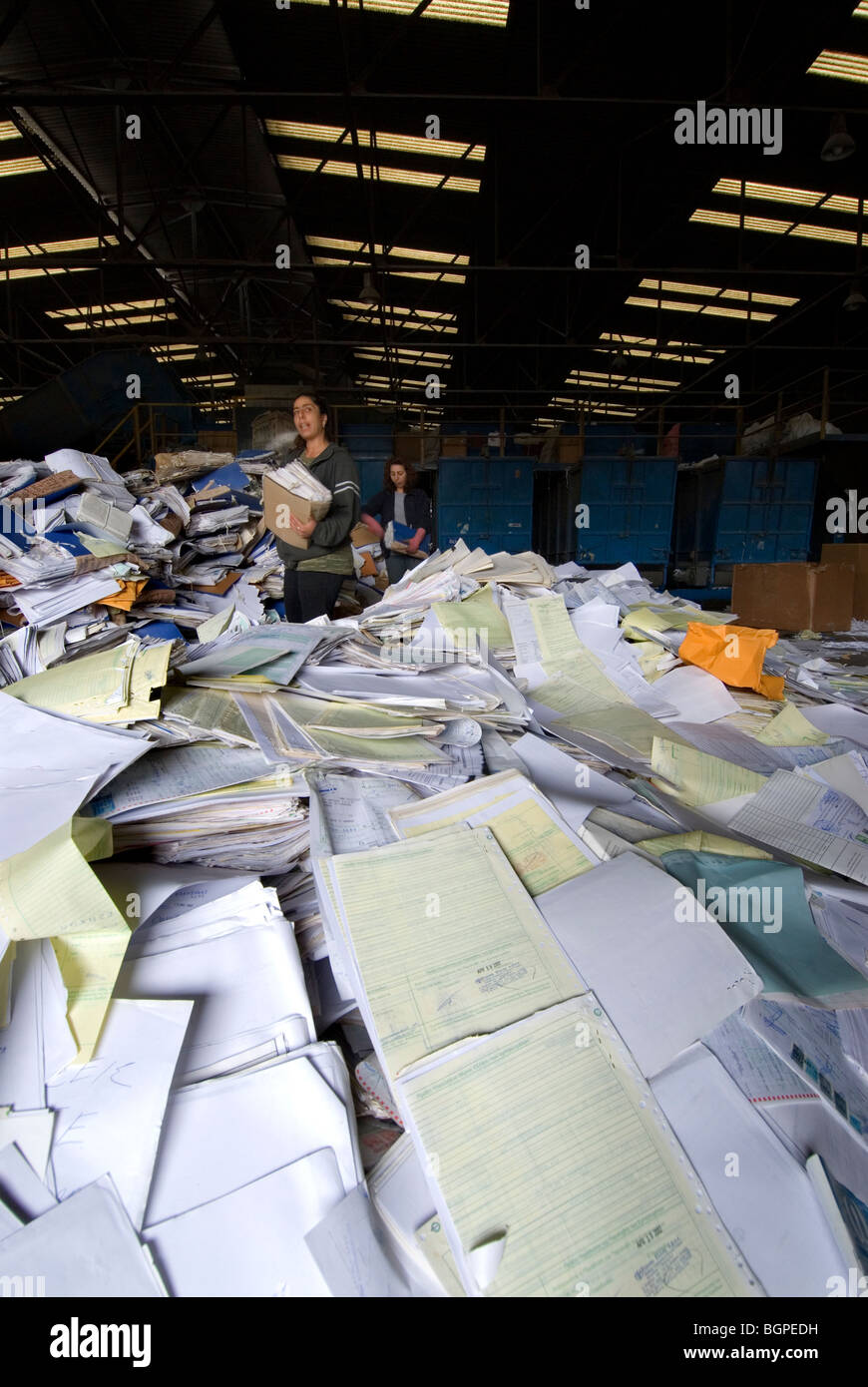 Manual sorting of different types of paper at the collection point of the Athens paper recycling