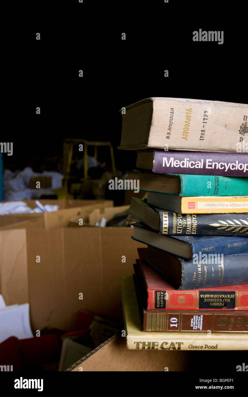 Books to be recycled at the collection point of the paper recycling