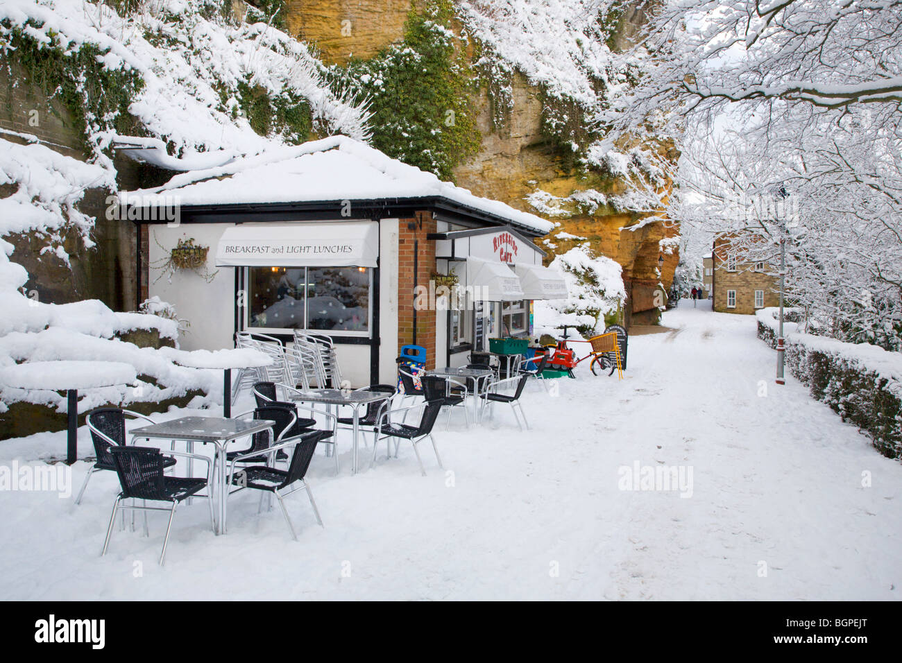 Cafe open in the snow Knaresborough North Yorkshire England Stock Photo