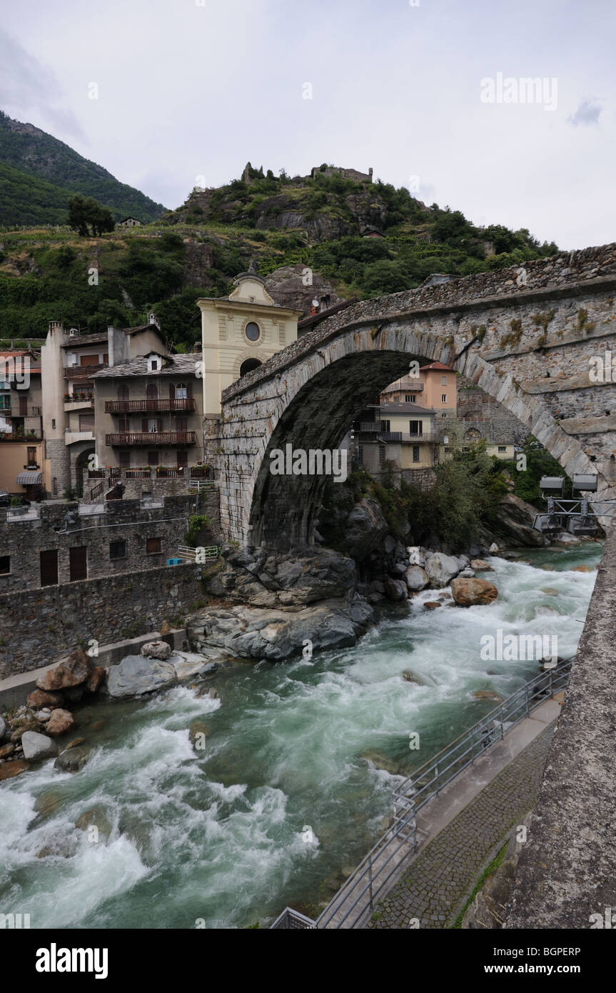 Roman bridge over torrente Lys Pont St Martin Aosta Valley Italy Stock Photo