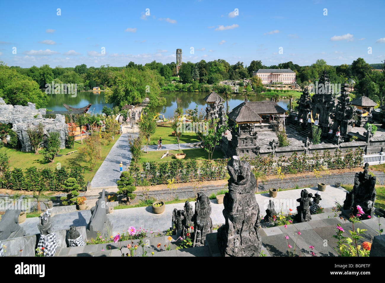 View from the Ganesha Temple over the Indonesian garden at the theme park Pairi Daiza, Belgium Stock Photo